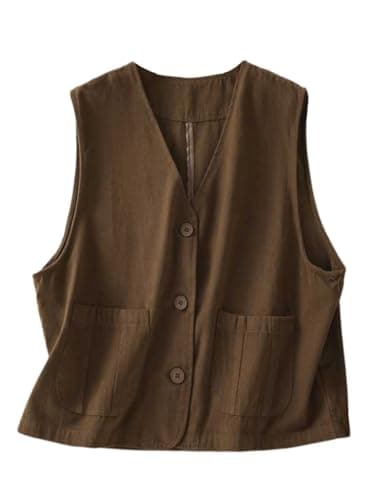 Womens Linen Vest Tops Casual Button Down Sleeveless Blazer — Coffee