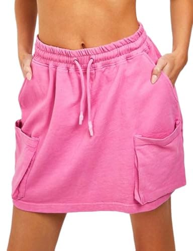 Cotton Skirts for Women Summer Casual Elastic High Waisted Mini Cargo Skirt with Pockets — Pink