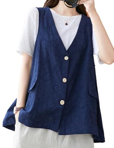 Womens Jacquard Linen Vest/Button Down Sleeveless Blazer — Navy Blue