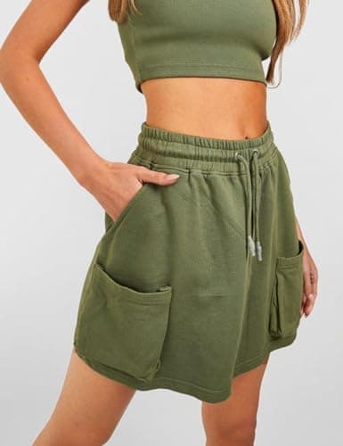 Cotton Skirts for Women Summer Casual Elastic High Waisted Mini Cargo Skirt with Pockets