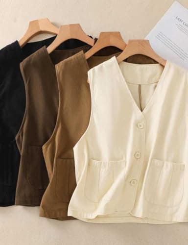 Womens Linen Vest Tops Casual Button Down Sleeveless Blazer