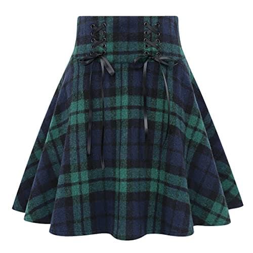 High Waist Lace Up Aline Pleated Wool Gothic Mini Plaid Skirts — Green