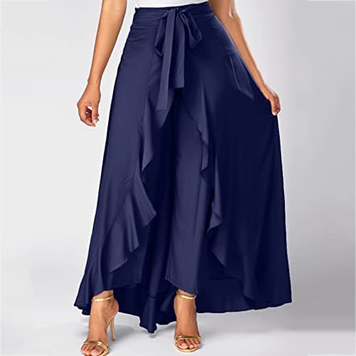 Women's High Waisted Ruffle Palazzo Pants — Navy