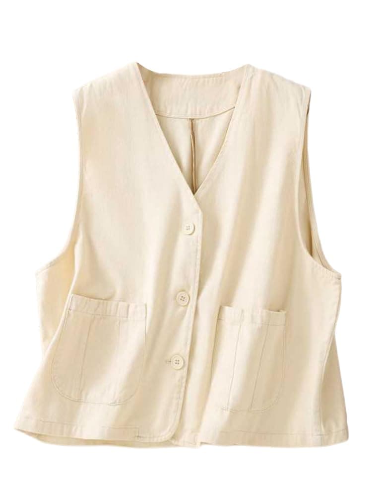 Womens Linen Vest Tops Casual Button Down Sleeveless Blazer