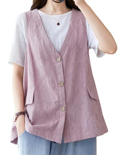 Womens Jacquard Linen Vest/Button Down Sleeveless Blazer — Pink
