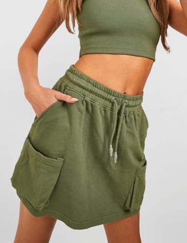 Cotton Skirts for Women Summer Casual Elastic High Waisted Mini Cargo Skirt with Pockets