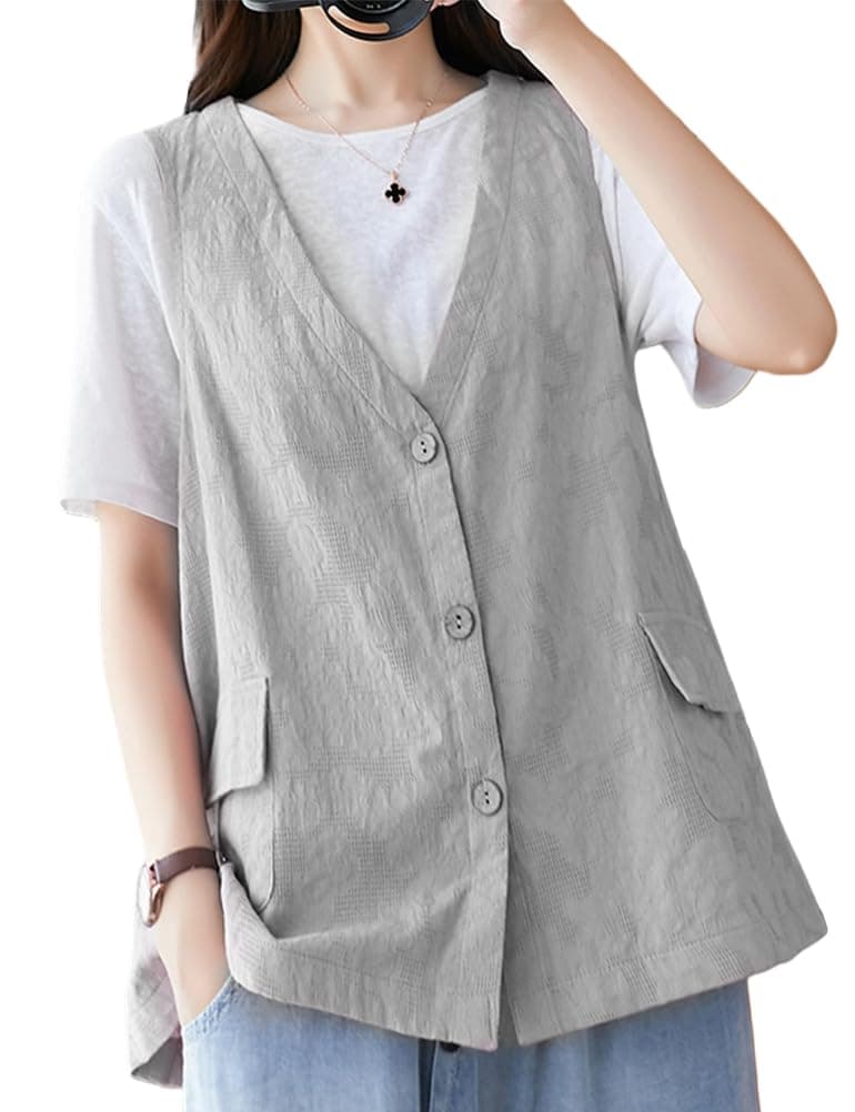 Womens Jacquard Linen Vest/Button Down Sleeveless Blazer