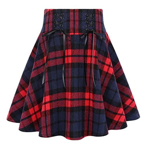 High Waist Lace Up Aline Pleated Wool Gothic Mini Plaid Skirts — Red