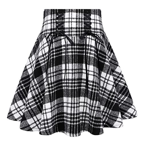 High Waist Lace Up Aline Pleated Wool Gothic Mini Plaid Skirts — Black